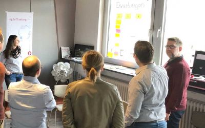 Im kleinen Kreis in einem Büro diskutieren mehrere Menschen (Agile Organisationsberatung)